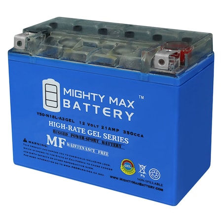 Mighty Max Battery Sealed Lead Acid Battery, 12 V, 21 AH, Nut and Bolt Terminal, GEL Chemistry Y50-N18L-A3GEL167